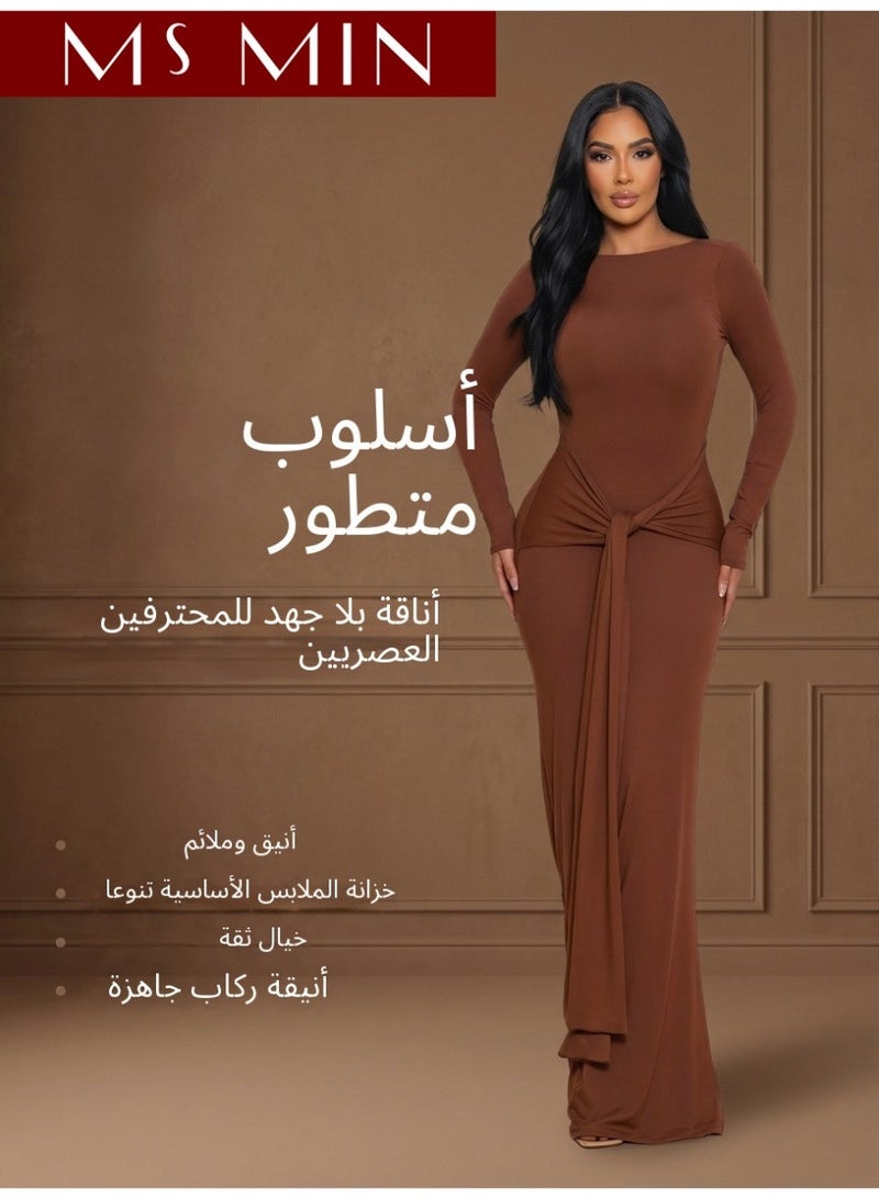 MS MIN Women’s Elegant Long Sleeve Maxi Dress, Solid Color Waist-Fitted Dress with Open Back Design - Image 1